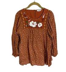 In Bloom Orange Embroidered Floral Fall Blouse Medium