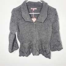 Hekla & Co Peplum Bobble Knit Sweater Gray Wool Cardigan Women's Medium Italy