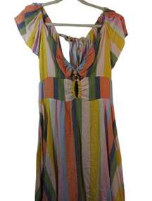 Angie Pina Colda Striped Short Sleeve Strappy Neck Dress Boho Size L