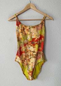 Natori Green Orange Asian Floral Lace Up One Piece Swimsuit