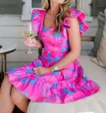 Tuckernuck Dress XS Pink Blue Floral Cameron Eubanks Azalea Linen Preppy Wedding