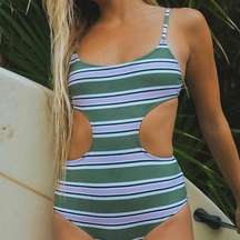 Aerie Cut Out One Piece Olive Green Purple White Swimsuit Size Medium Long