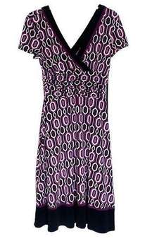 Studio I Purple Black Trim Printed Midi Formal V Neck Short Sleeve Dress Size 6