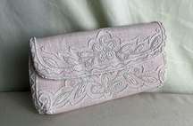 Vintage Seed Bead Clutch Purse Pale Pink White Floral Made in France Snap Close