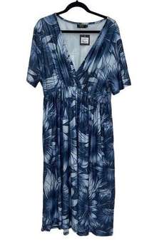 R&B Collection Women's Midi Dress 2X Floral V-Neck Short Sleeve Blue NEW