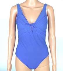 GOTTEX blue one-piece swimsuit w/adjustable front tie and ruching. Size 10. EUC