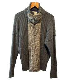 DKNY Jeans Charcoal Gray Cardigan Sweater with Faux Fur Accent—Size Medium