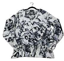 Spiegel Womens Size L Black White Satin Finish Dark Floral Blouse Ballon Sleeve