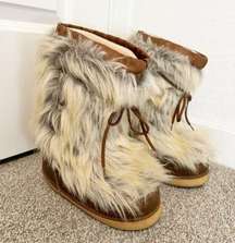 Modes Vintage Tall Fur Lace Up Moon Boots Apres Ski Vtg Brown Leather Size EU 37