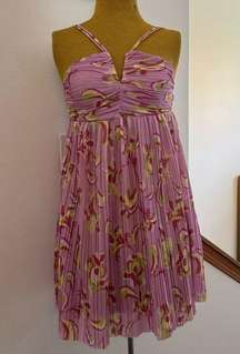 Pink Floral Print Pleated Dress Small