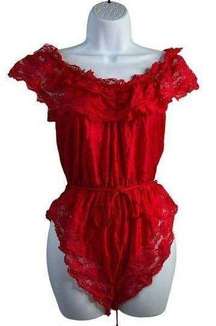 Vintage 70s 80s Teddy One Piece Red Lace Satin Romper Lingerie High Cut Booty M