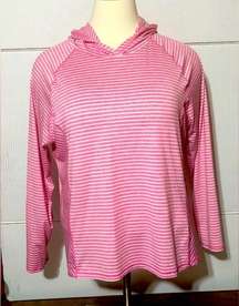 MTA SPORT 3X women’s pink and white stripped long sleeve hoodie tee