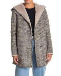 💕LOVE TOKEN💕 Eddie Faux Fur Reversible Hooded Coat ~ Plaid Print Small S NWT