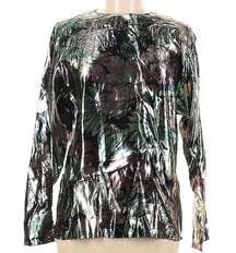 Metallic Floral Print Blouse Multicolor Keyhole Back Long Sleeve 8