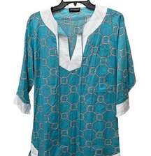 Shiraleah Blue & White Nautical Knot Pool Beach Tunic Cover Up Turquoise Sz L