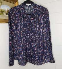 Rebecca Minkoff Ditzy Geometric Print Silk Button Down Blouse Top Blue Small