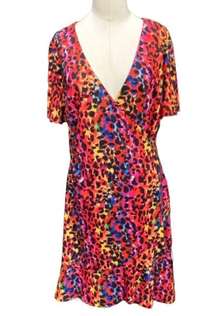 Rainbow leopard print v neck flutter short sleeve dress Size medium LISA FRANK