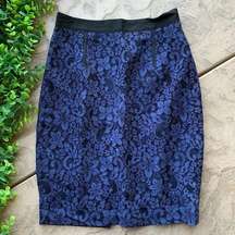 Tracy Reese New York Lace Floral Pencil Skirt Career Navy Blue Black Size 4