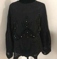 PAGE 323 Chloe Oliver Anthropologie Boho Black Bell Sleeve Crochet Top Medium