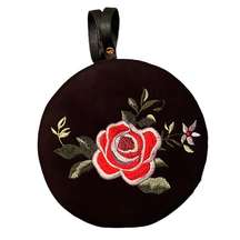 Round Black Floral Purse with Leather Strap