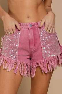 Pink Sequin Denim Shorts Size Small