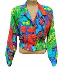 Vtg 80s Doncaster jacket bright abstract floral silk top blouse 8