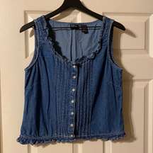 90s NY&Co sleeveless button down denim ruffle top