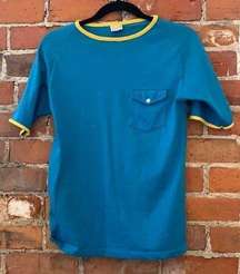 Vintage blue and yellow 1970s pocket t-shirt, marked size 20, fits XS-M