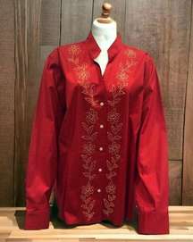 ColdWater Creek Red Floral Beaded Button Up Long Sleeve Cotton Blouse Women’s 3X