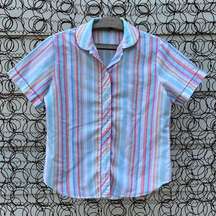 Vintage pastel stripe embroidery stitch edge detail short sleeve blouse