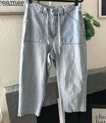 Vintage Baggy light wash blue capri jeans with drawstring shoe lace string waist and large patch pocket