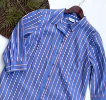 Joan Rivers Womens Shirt Blue Stripe 3/4 Sleeve Button Front Pleated Hem Medium