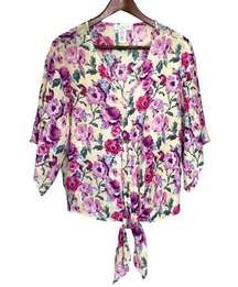 ariella | Seersucker‎ Texture Bell Sleeve Tie Front V Neck Floral Print Top | S