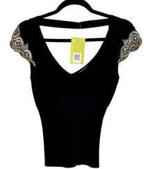 Tracy Reese Cap Sleeve Embellished Sequin Stretch Top Blouse Black Women's Small