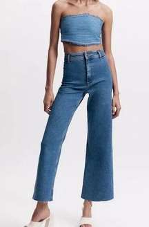 ZARA High Waisted Marine Wide Leg Straight Raw Hem Jeans Blue 4