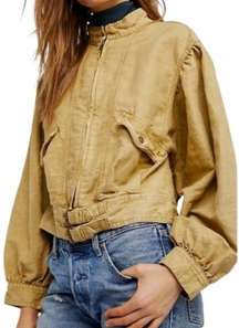 Free People Poet Full Zip Jacket Puff Sleeves Moto Bomber Tan Boho size large