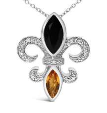 NIB .925 Silver Marquise Onyx & Citrine & Diamond Fleur De Lis Pendant Necklace