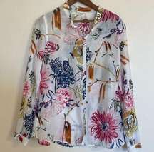 Women’s White Floral Lightweight Silk & Cotton Button Down Shirt Size Large