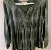 Womens Petite Green Plaid Henley Shirt - Petite Medium