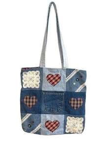 Denim Plaid Heart Red Lace Patchwork Jean Tote