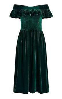 NWT Hill House Akilah Nap Dress in Emerald Velvet Smocked Midi Ruffle XS