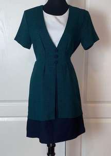 80s VINTAGE BLUE & GREEN GINGHAM PREPPY OFFICE DRESS