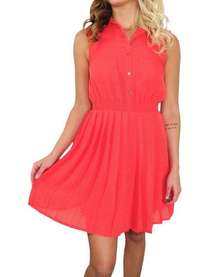 Ked's Y2k Coral Pink Pleated Button Down Dress XS Y2k Barbiecore Preppy Casual