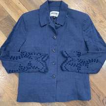 Navy Blue Floral Eyelet Linen Blazer Size 6P