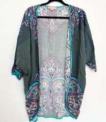 Peach Puff Kimono Top Shirt small Medium Green Floral Blouse Casual Ladies