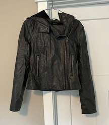 Faux Leather Jacket with Hood