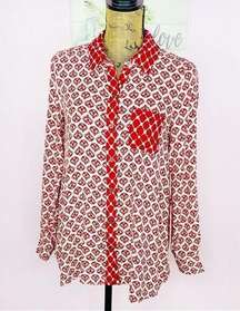 Style & Co. Dual Geometric Print Button Front Shirt Red Cream Petite Small