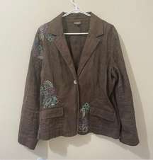 J Jill Brown Floral Embroidered Color Stitch Jacket / Cotton Blazer Size Large