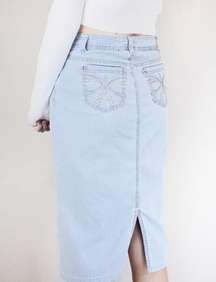 Y2K High or Low Rise Light Wash Embroidered Bedazzled Long Knee Length Denim Midi Skirt