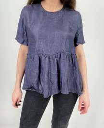 Silk Blend Baby Doll Top in Dark Blue Size M